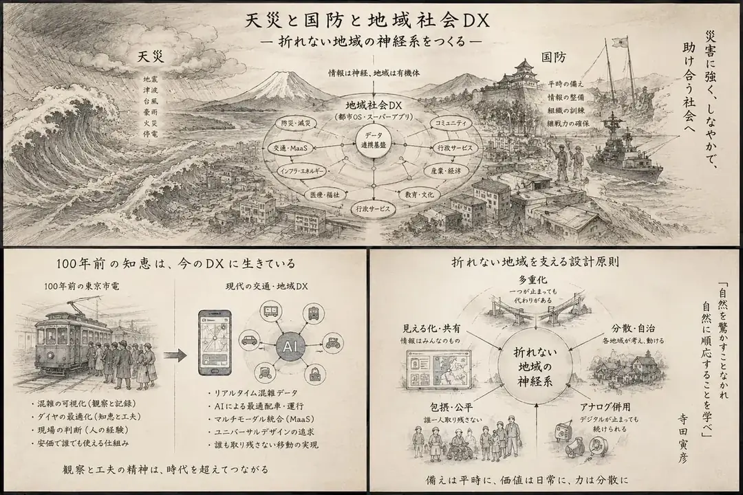 寺田寅彦『天災と国防』に学ぶ地域社会DXの象徴画像。天災、国防、地域社会DX、折れない地域の神経系を古い科学図版風に表したイラスト。